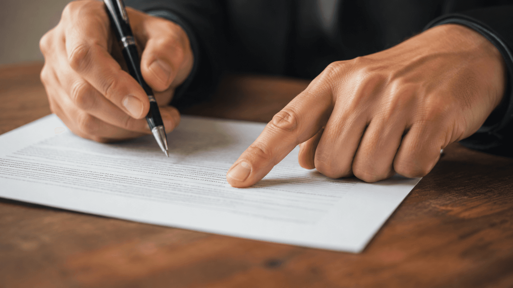 A close up photo of a hand holding a pen over a contract on a wooden table. One