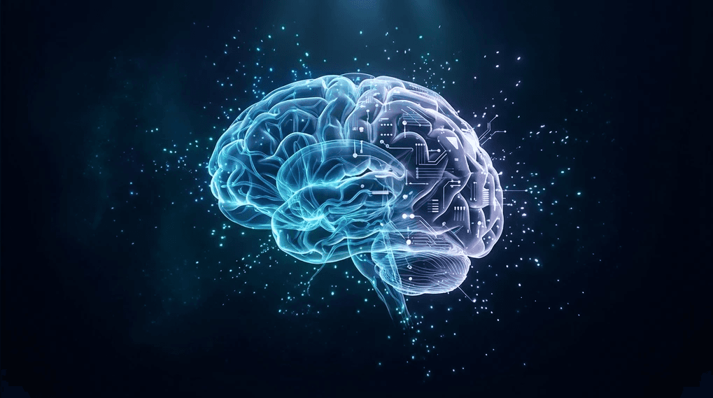 Conceptual visualization of artificial general intelligence showing a brain transitioning from biological neural networks to digital AI architecture