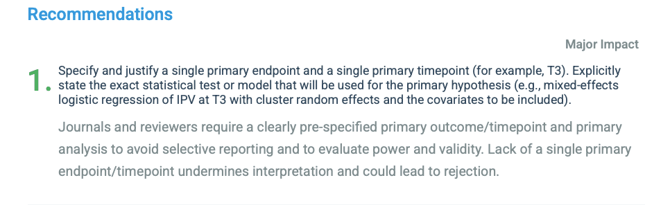thesify feedback recommending the specification of a single primary endpoint and exact statistical test for a primary hypothesis.
