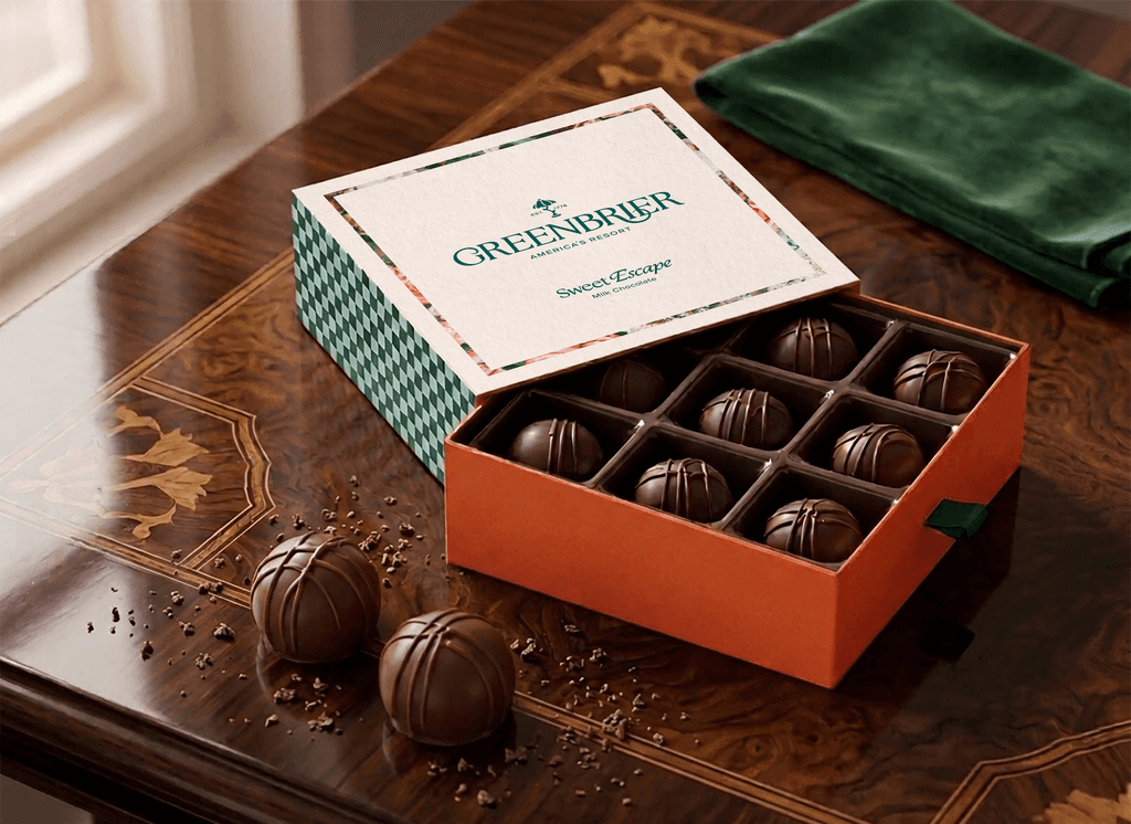 Premium chocolate truffles in Greenbrier packaging.