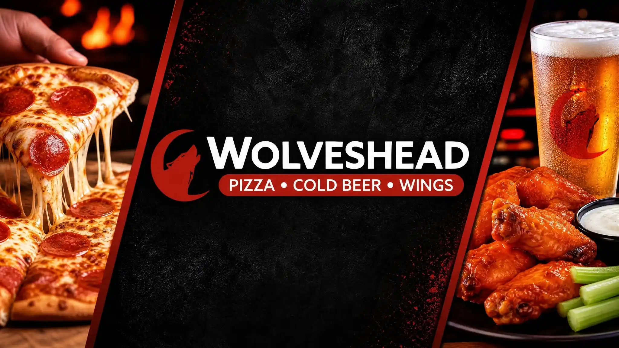 Two images display delicious pepperoni pizza with melting cheese and a side of buffalo wings, celery sticks, and a glass of beer in a rustic setting, promoting a dining experience with Wolveshead branding; perfect for visitors seeking pizza, cold beer, and wings in Lakewood Ranch, FL.