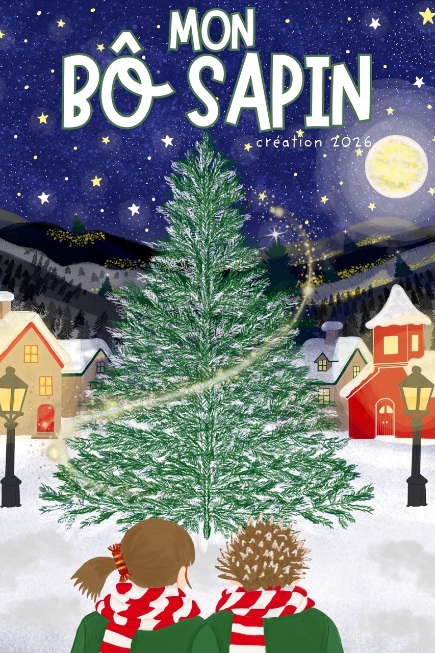 Affiche sapin de noel dans décor enneigé