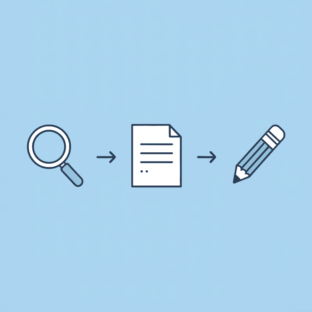 Three-step process showing manual document search, error discovery, and time spent on corrections