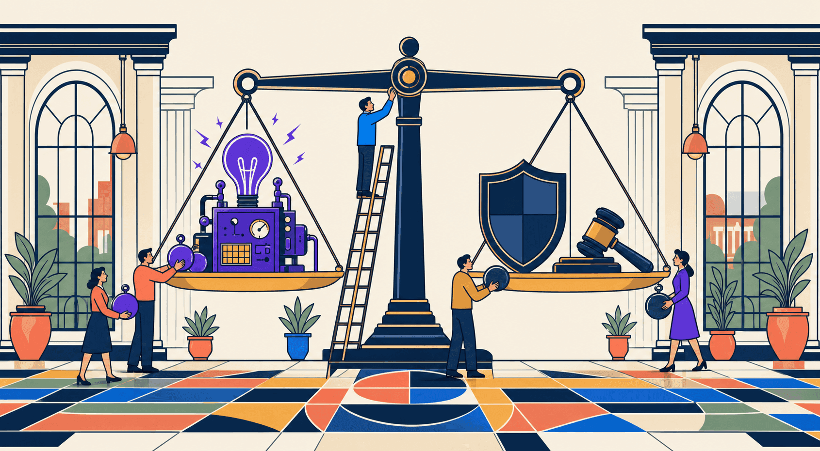 Illustration: Große Waage balanciert Innovationsmaschine mit Glühbirne gegen Schild und Richterhammer