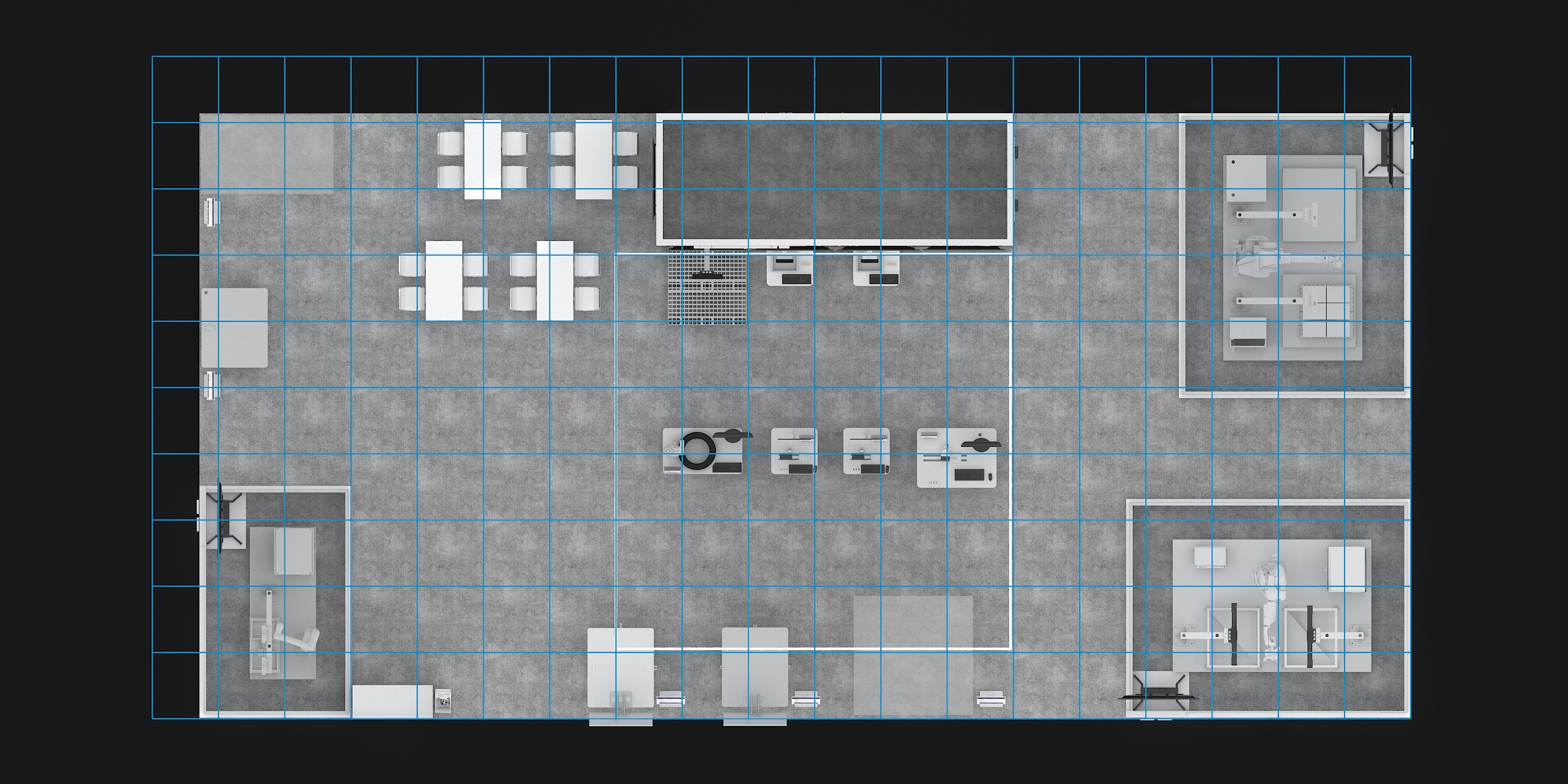 Top-down engineering layout plan showing modular trade show booth structure, traffic flow, and equipment placement before fabrication and installation.