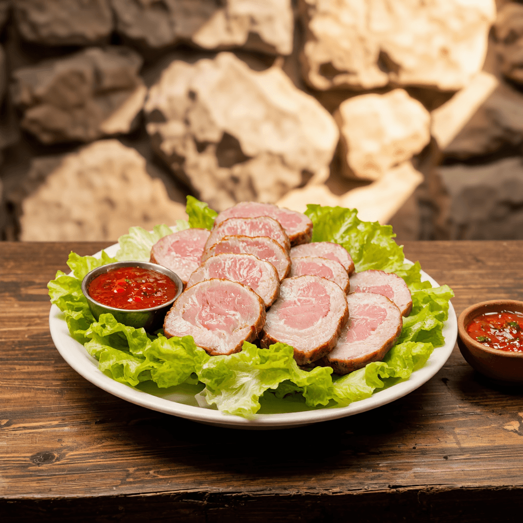 product photography of platter of sliced meat with a side of spicy condiment