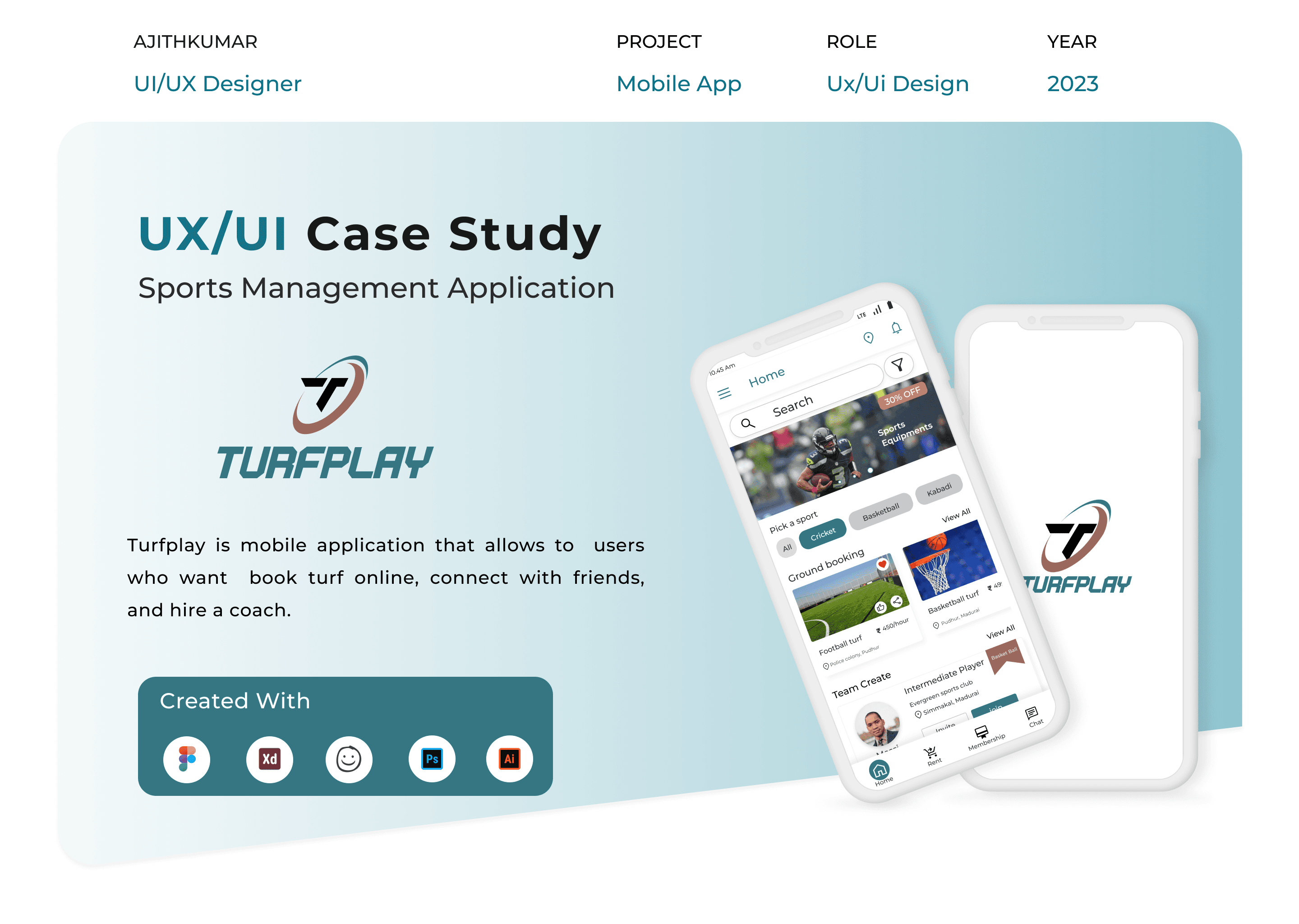 This case study focuses on designing a mobile-first sports management app that helps users discover, book, and manage turf slots seamlessly. The goal was to simplify the booking process, reduce friction, and create a smooth end-to-end experience for players and turf owners. The design emphasizes clear navigation, quick booking actions, and real-time availability, delivering a user-friendly experience tailored for sports enthusiasts.