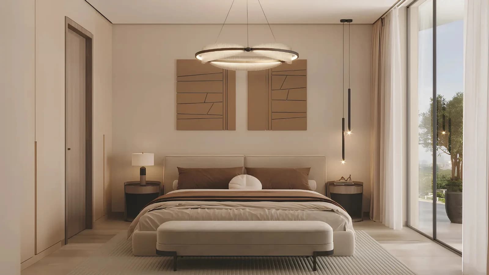 Modern bedroom in Stax Tower featuring a large bed, stylish decor, and a view of the city skyline through large windows.