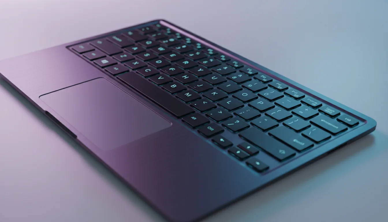 Close-up of a partially open modern laptop with a backlit keyboard and sleek metallic design on a white surface.