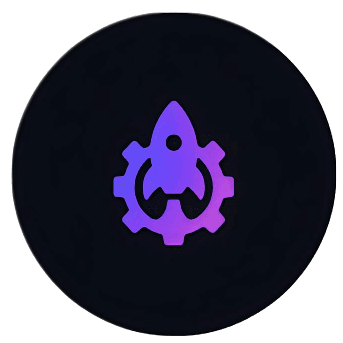 This image features a black circular disc with a purple rocket symbol centrally positioned inside a gear outline, set against a plain background.