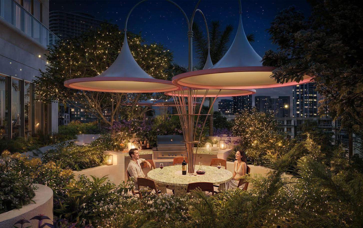 Nighttime rendering of the Roche Bobois St. Pete Tower outdoor amenity terrace with artistic canopy structures, lush landscaping, and residents dining al fresco