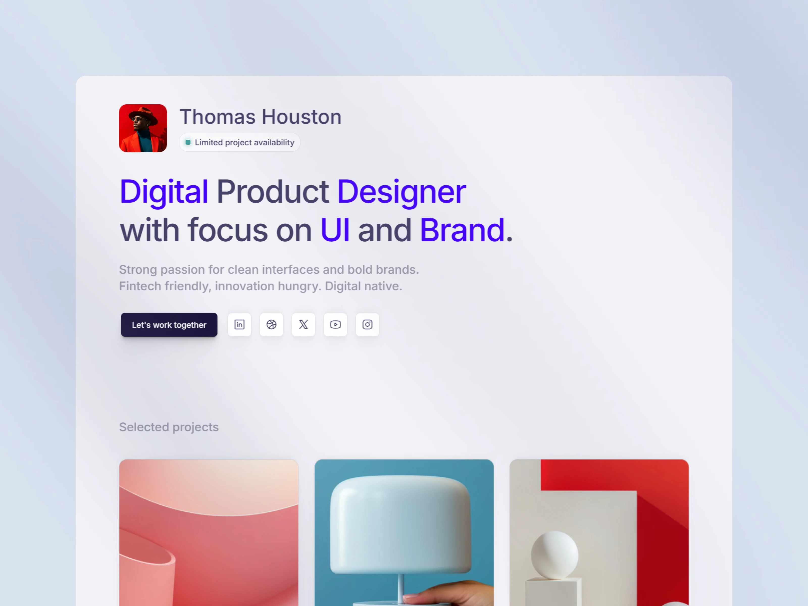 Showcase X template portfolio with avatar, bio, social links, and project thumbnails