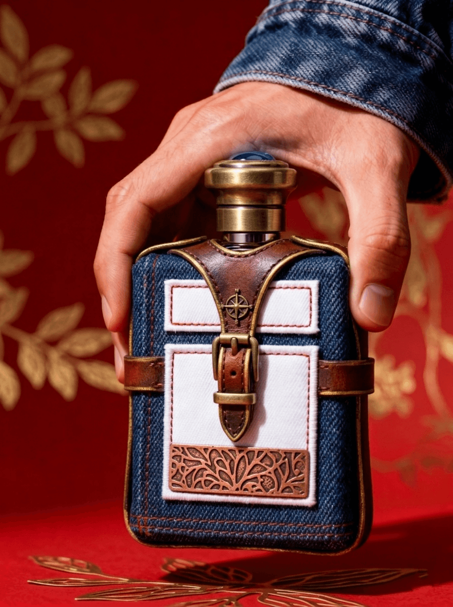 Denim bottle with leather accents and compass emblem.