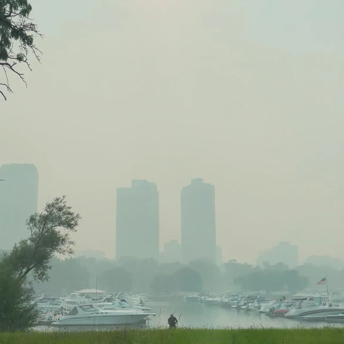 Smokey haze covering parts of the Chicago skyline in July 2026