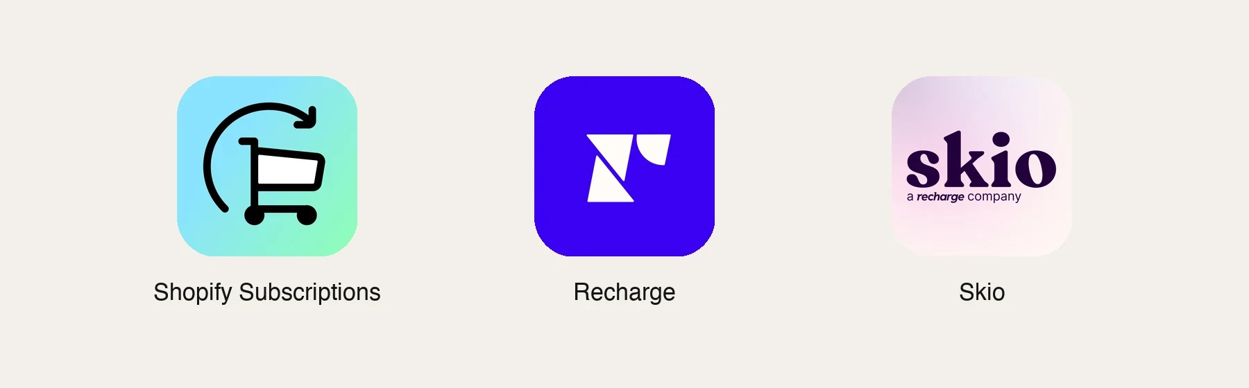 App icons from the Shopify App Store: Shopify Subscriptions, Recharge, Skio