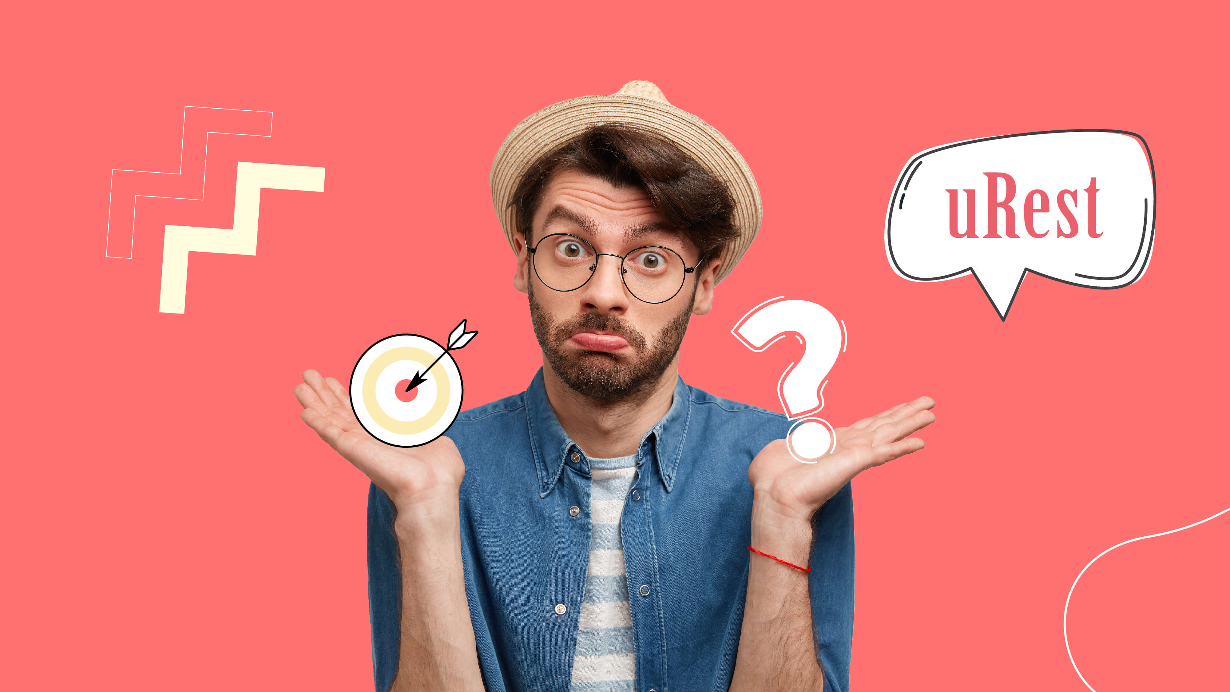 Men standing and showing his hands, while holding a dart and question mark.