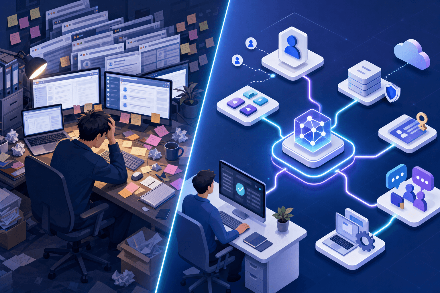 A modern isometric illustration showing IT workflow automation in action: on one side, a cluttered desk with multiple open browser tabs, sticky notes, and a stressed IT person manually handling tasks; on the other side, a clean streamlined automated system with connected nodes flowing smoothly between systems like identity providers, software licenses, and communication platforms. The contrast shows the before and after of manual versus automated IT operations. Professional tech aesthetic with blue and purple gradients, clean lines, no text or labels.