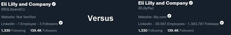 Comparison of a real and impersonated Twitter account
