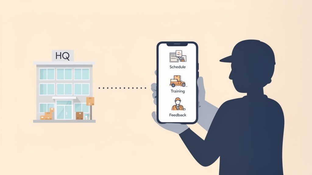 An HQ building sends information via a dotted line to a worker using a smartphone for schedule, training, and feedback.