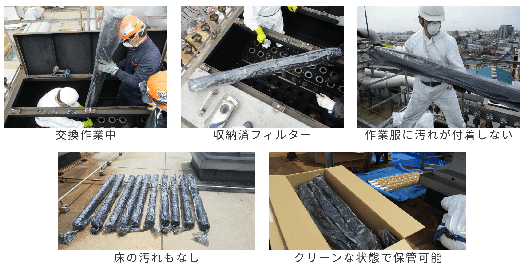 フィルター交換作業の様子。安全も安心も叶える効率的な交換。