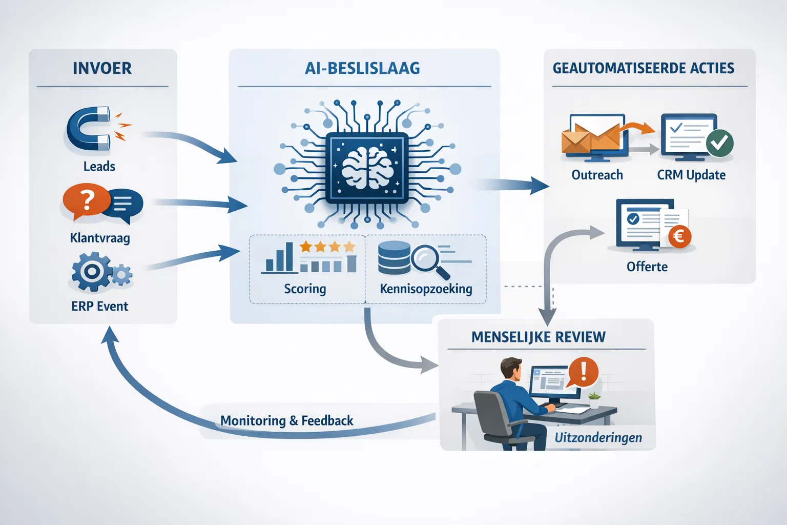 Schematic view of an intelligent automation pipeline in a B2B environment: on the left incoming triggers (lead, customer inquiry, ERP event), in the middle an AI decision layer with scoring and knowledge retrieval, on the right automated actions (outreach, CRM update, quote), with a side path to human review for exceptions and a feedback loop to monitoring.