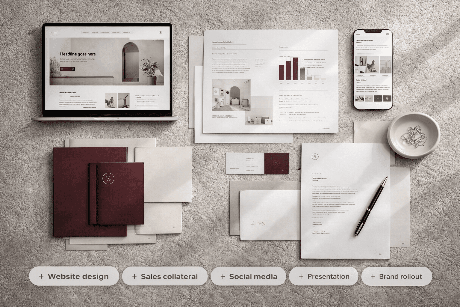 Brand system applied to real business assets and communication channels