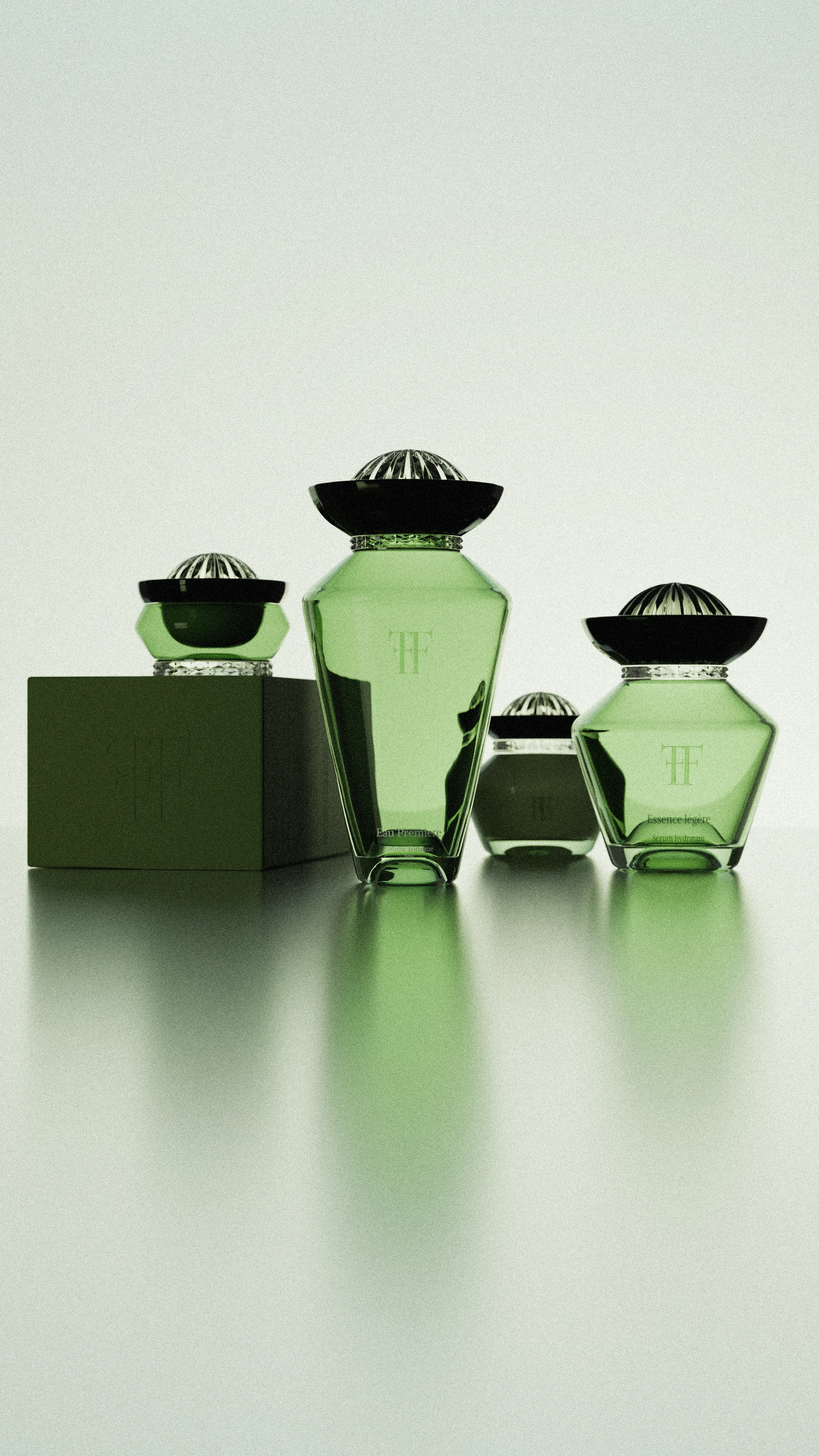 Rendu 3D d'un ensemble de flacons de parfum en verre vert sur une surface réfléchissante.