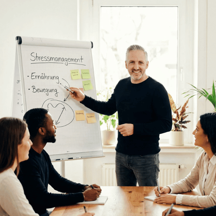 Hannes Weindorf leitet einen Gesundheitsförderungs-Workshop für ein KMU-Team