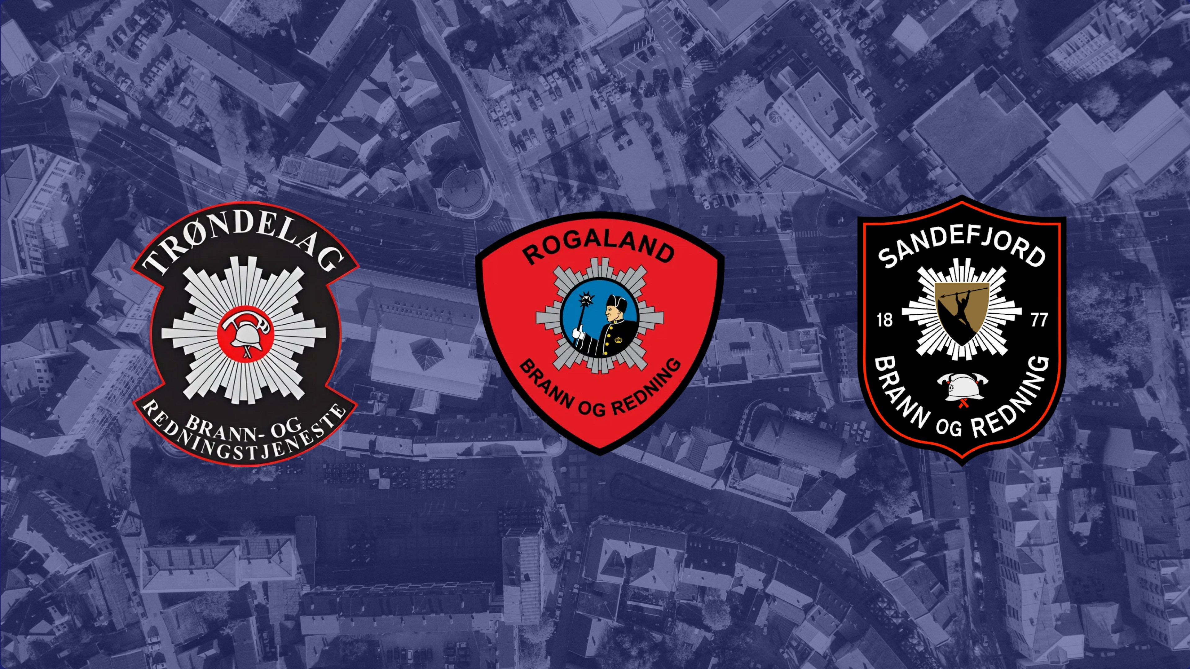 Illustration image showing the three logo badges of the three fire departments Weave have partnered with on top of an aerial map