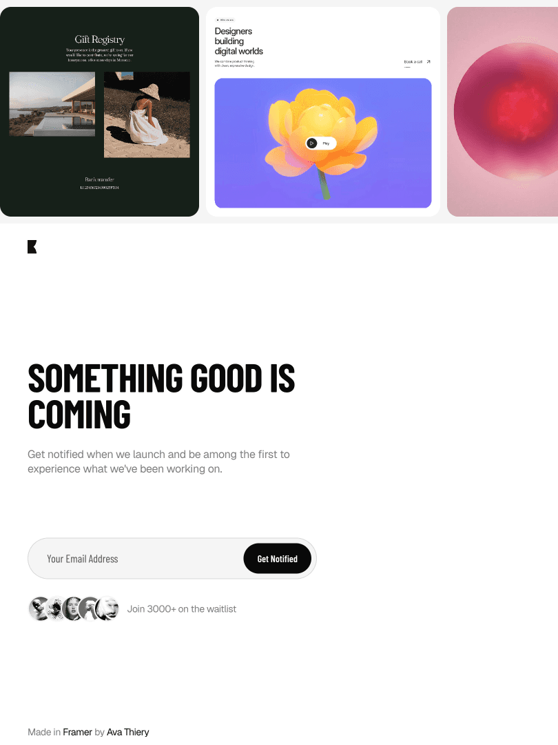 Minimal waitlist landing page design with image previews, email signup form, and social proof