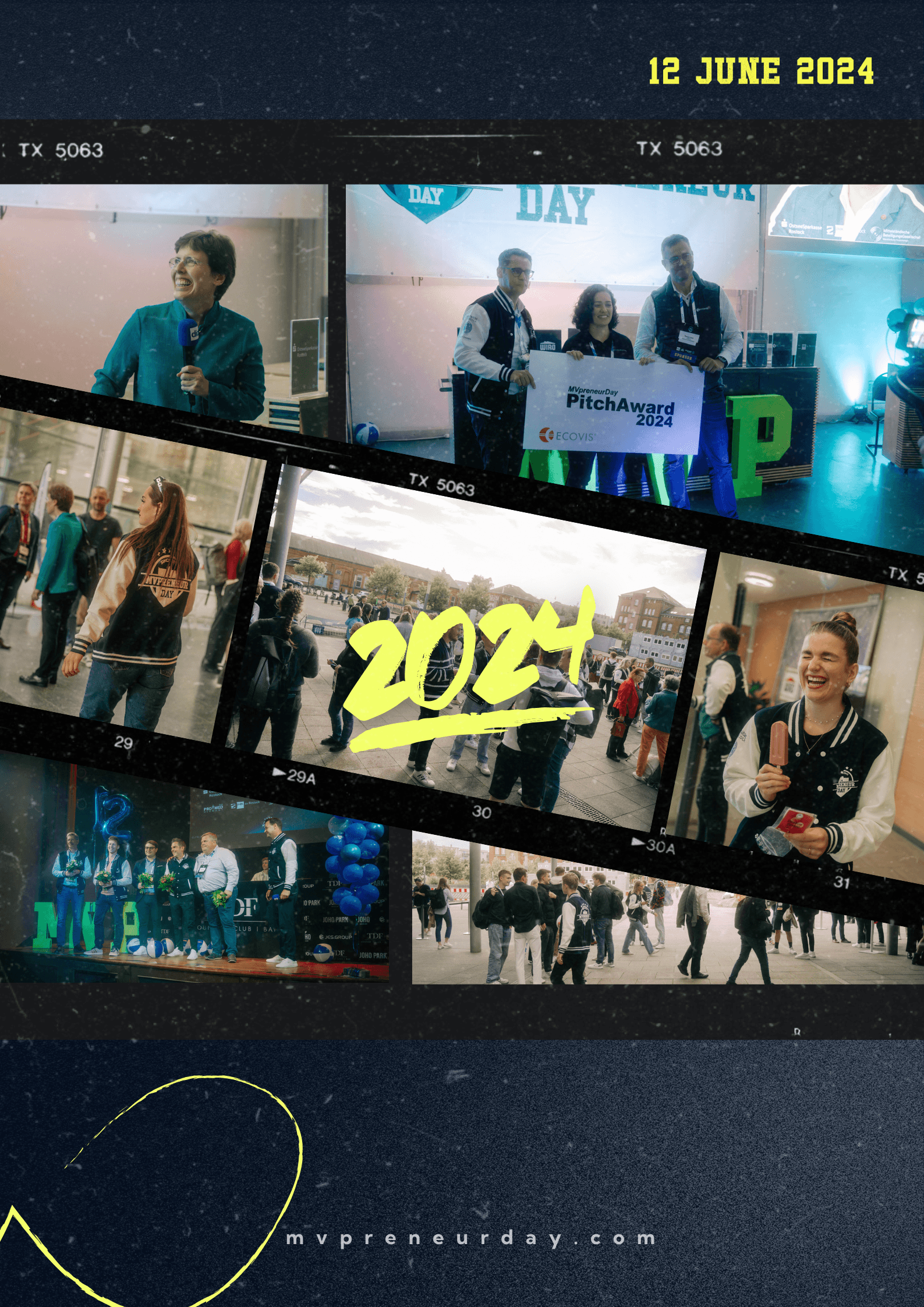 Collage zum MVPRENEUR Day 2024 mit Szenen vom 12. Juni: Bühne, Publikum, Netzwerken, zentrale Zahl „2024“.
