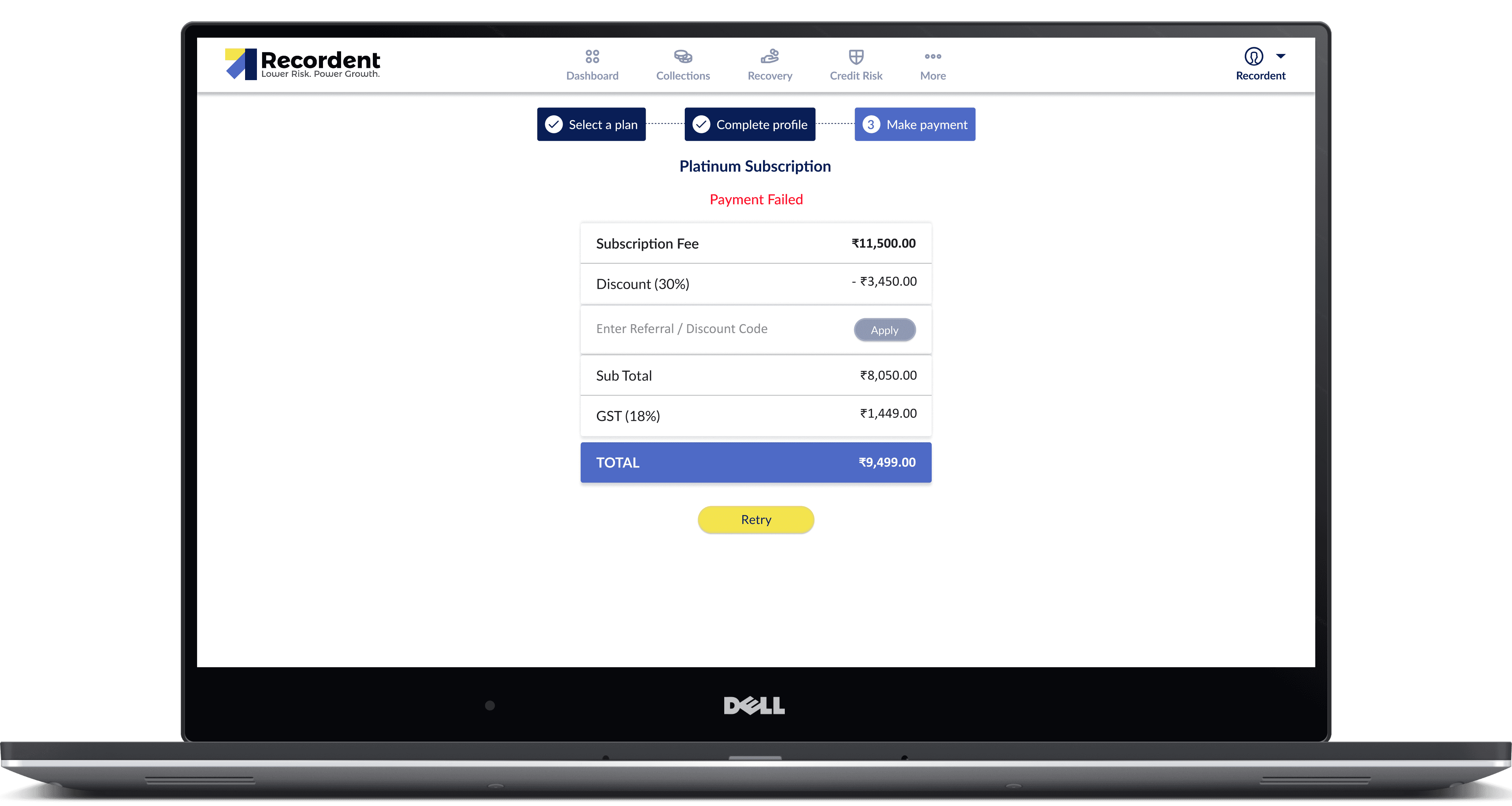Payment failure screen, prospect can click on 'Retry" to try making the payment again.