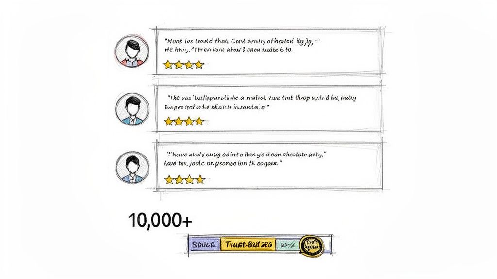Three customer testimonials with avatars and 4-star ratings, plus a '10,000+' success count and 'Trust-Ball SEO' graphic.