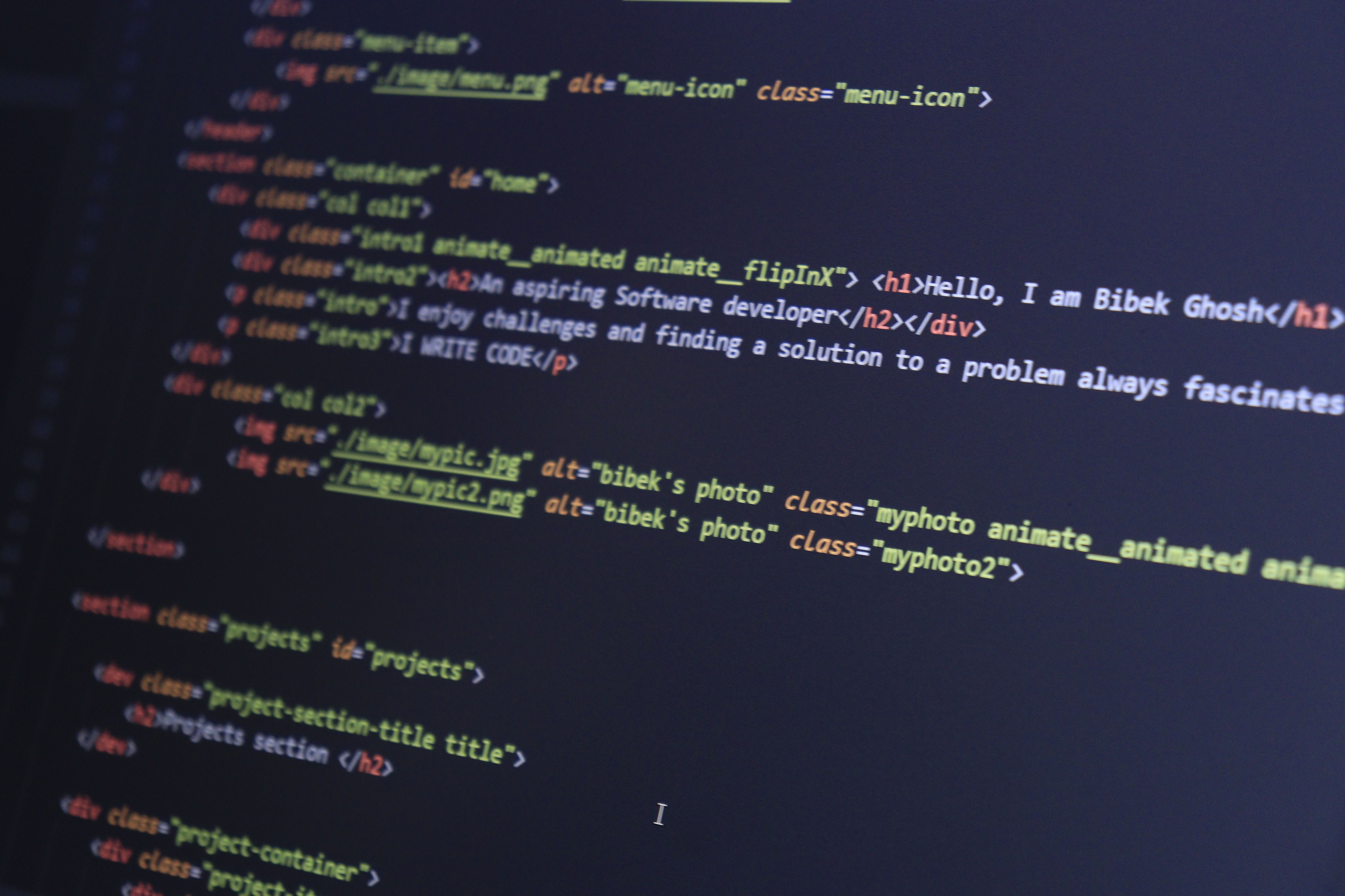 Colorful HTML code displayed on a computer screen for programming projects.