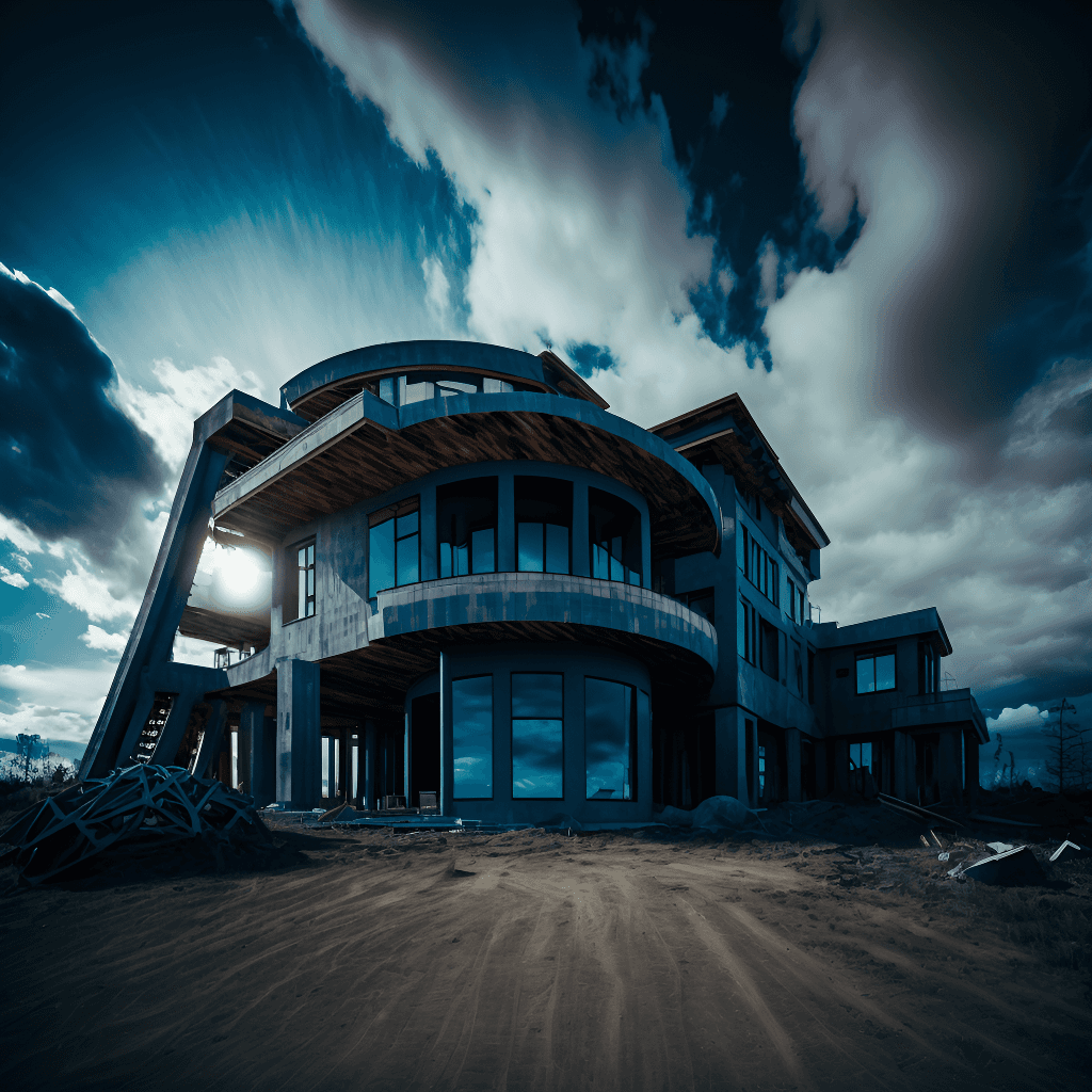 Luxury mountain home with curved architecture and wraparound balcony photographed against dramatic stormy sky at dusk