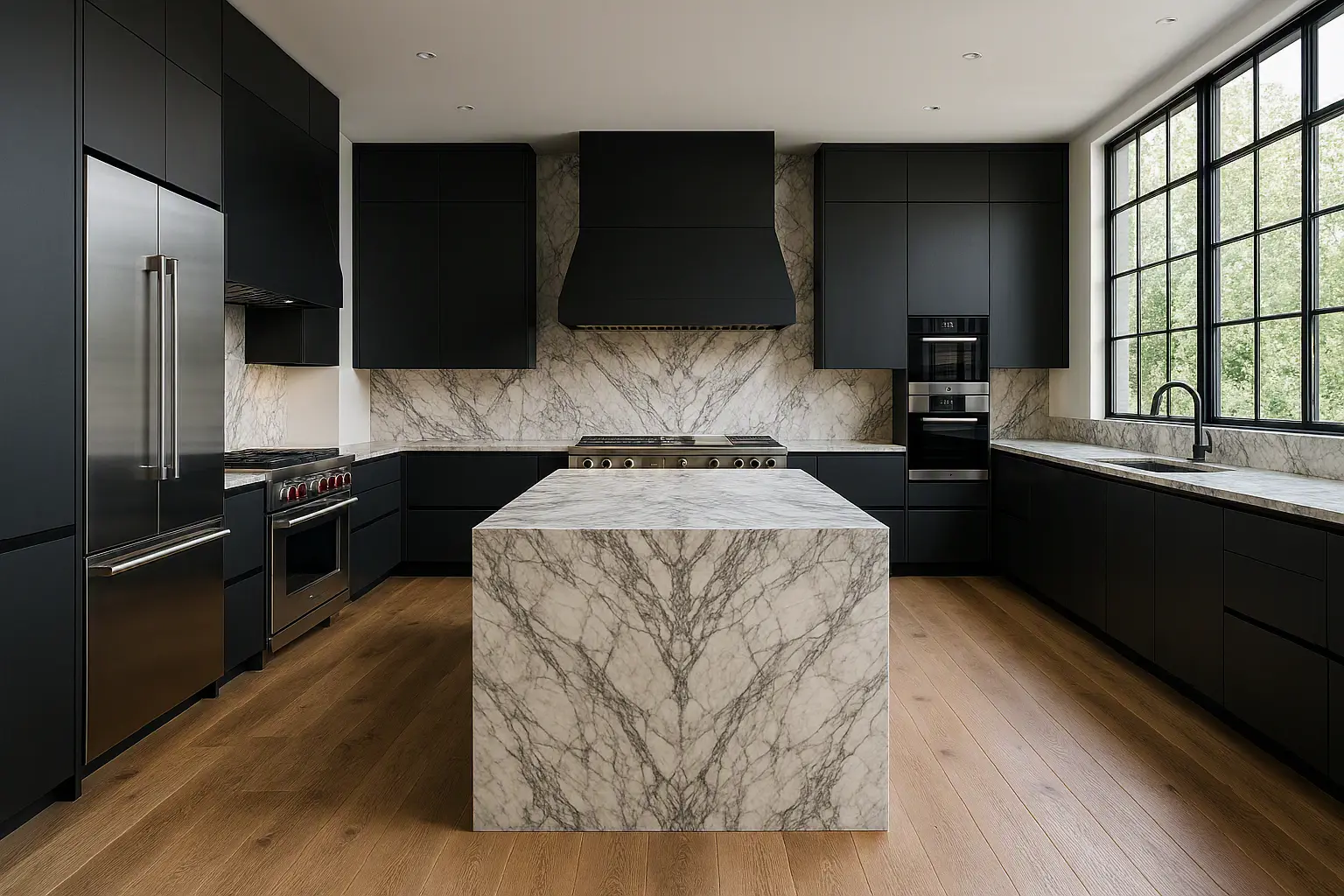 Modern luxury kitchen featuring dark matte cabinetry, dramatic marble waterfall island, marble backsplash, high-end stainless steel appliances, and large black-framed windows