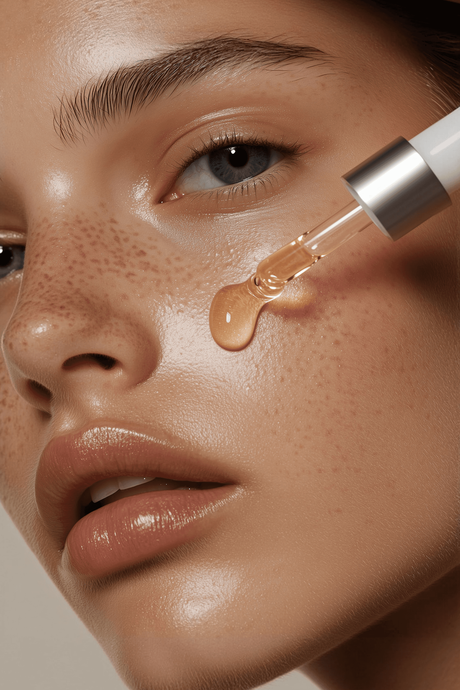 Close-up of skin care serum application showing healthy skin texture.