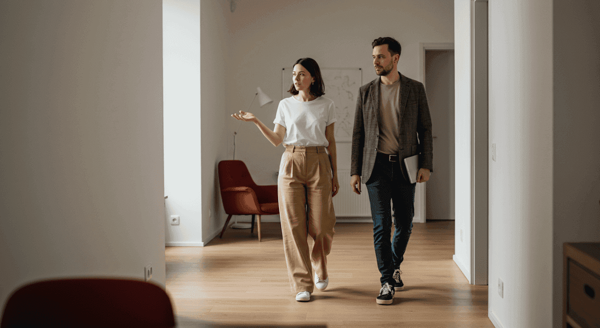 A man and woman walk through a modern, minimalistic hallway with light wooden floors. They seem engaged in conversation, conveying a professional tone.