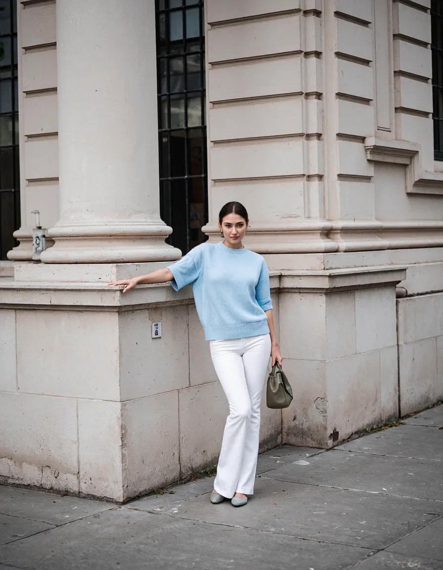 Woman in light blue sweater and white pants posing against classical building columns in urban street setting