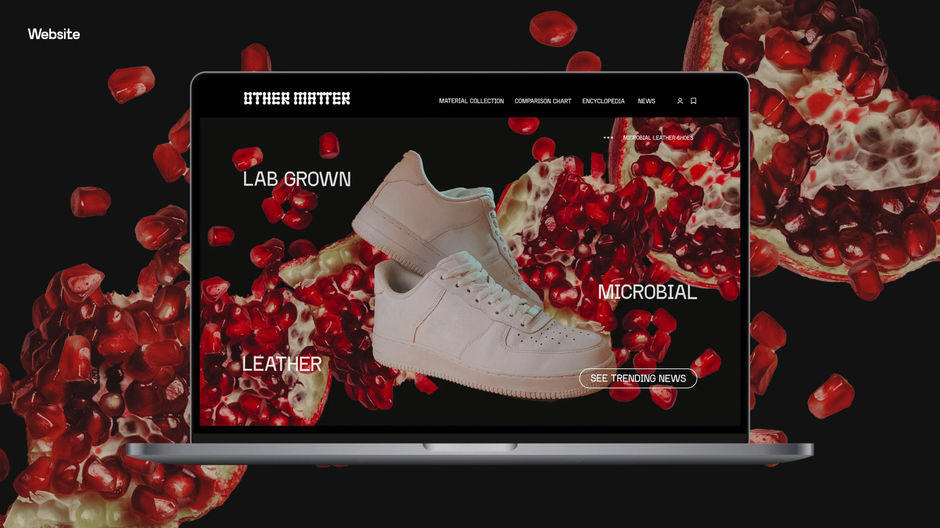 A laptop screen displays a website design featuring white sneakers on a black background. The sneakers are labeled “LAB CROWN” and “MICROBIAL,” with “LEATHER” text below. The website includes navigation links: “MATERIAL COLLECTION,” “COMPARISON GUIDE,” “ENCYCLOPEDIA,” and “NEWS.” A “SEE TRENDING NEWS” button is visible at the bottom right. The background is covered in red pomegranate seeds.