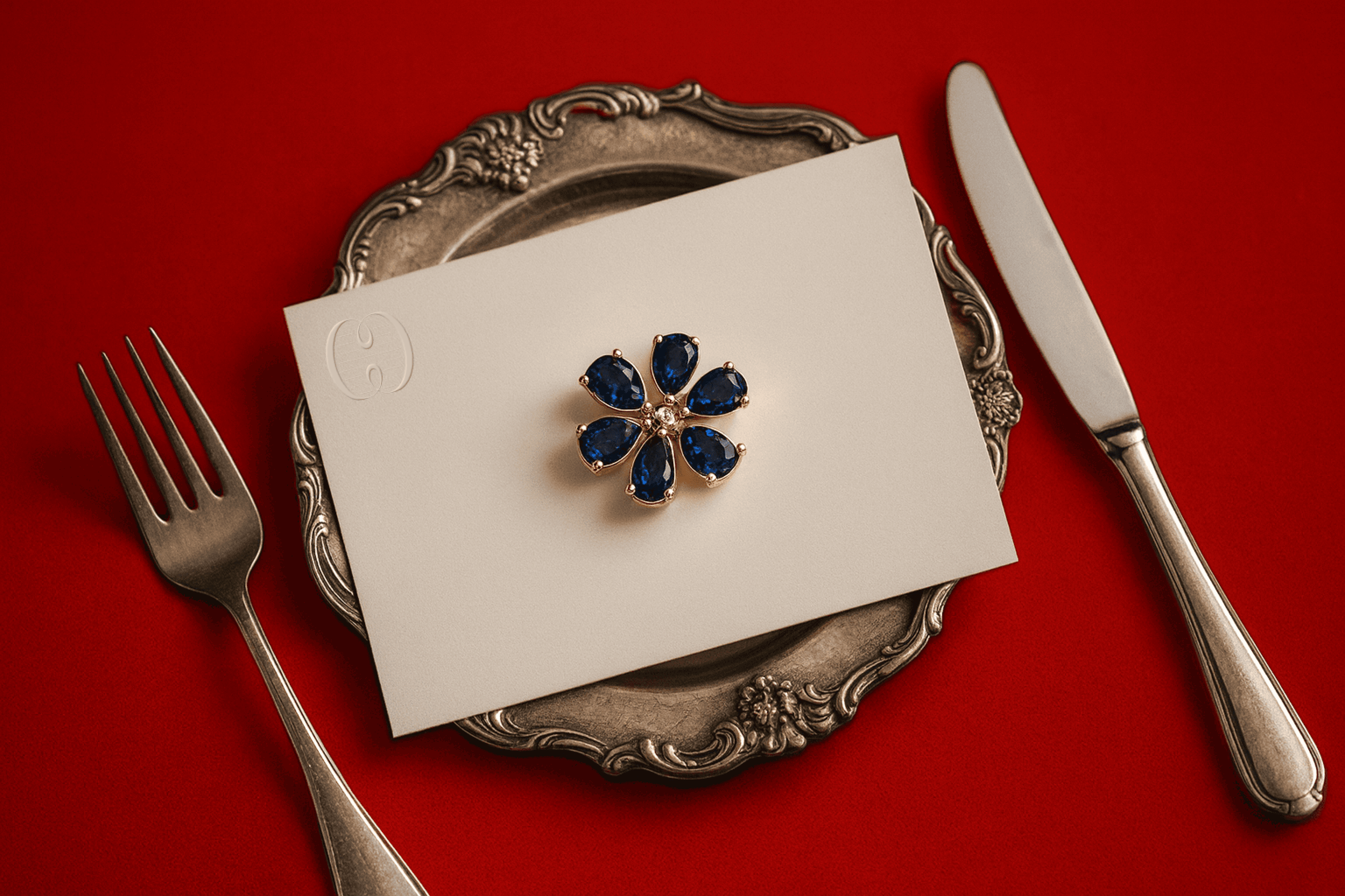 Gold flower-shaped brooch with blue gemstones placed on a card atop a decorative silver plate, with a fork and knife on a red background.