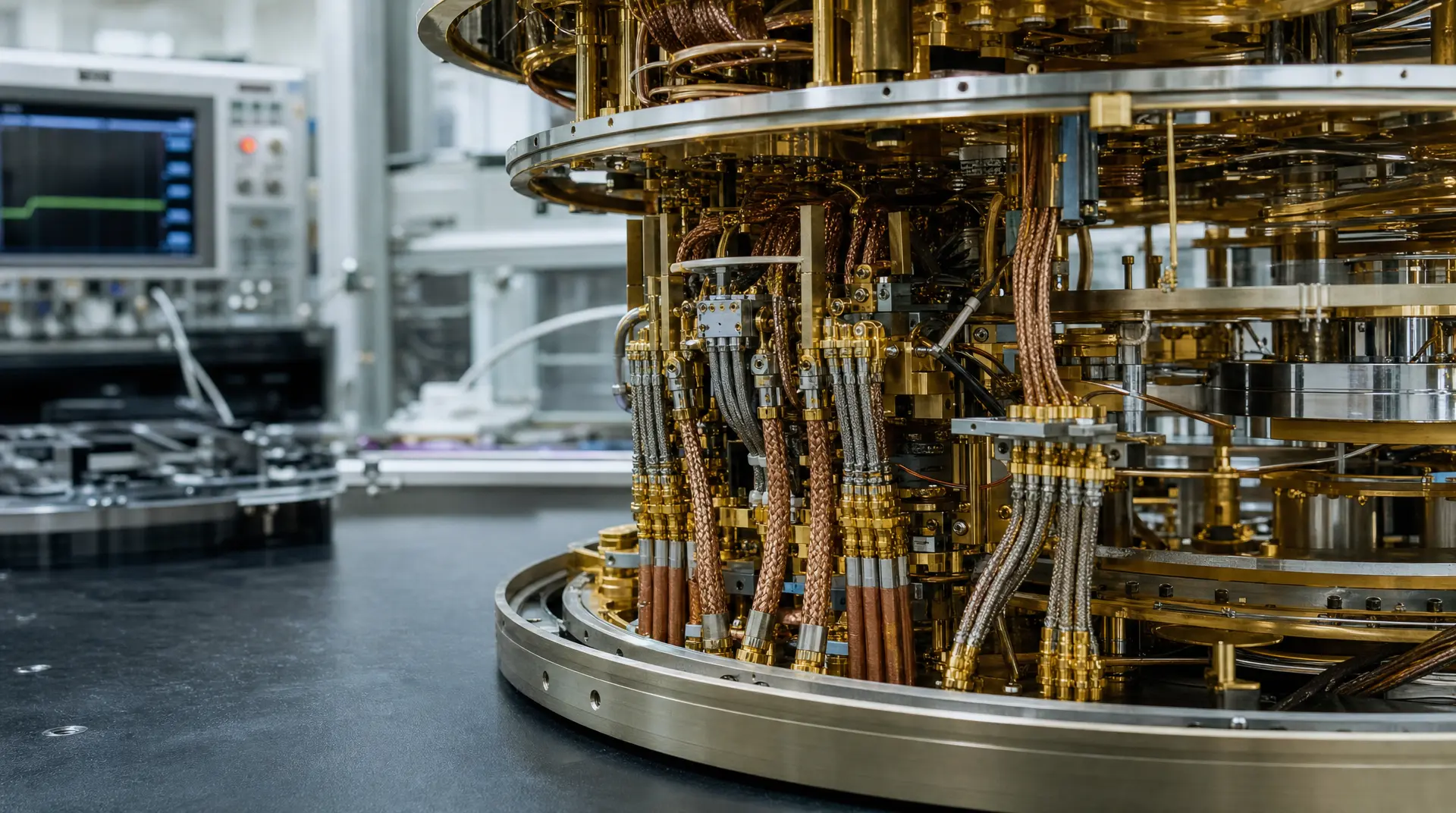 Close-up of gold and copper piping on precision semiconductor equipment in a lab, supporting manufacturing video marketing.