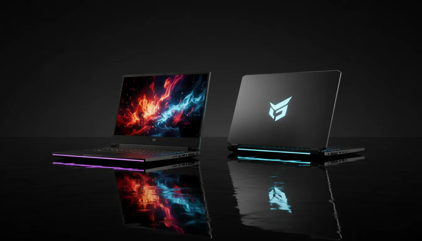 High-end product photography of two powerful gaming laptops on a sleek, black reflective surface in a minimalist dark studio, cinematic wide shot. One laptop is open, its screen displaying a vibrant red and blue gaming-style wallpaper. The second laptop is angled away, partially closed, showcasing an illuminated logo on its lid. Both laptops feature prominent cyan and purple RGB underglow, casting colorful reflections. Soft studio lighting with cinematic contrast, highlighting the matte dark-metal chassis against a dark background. DSLR, sharp focus, high detail.