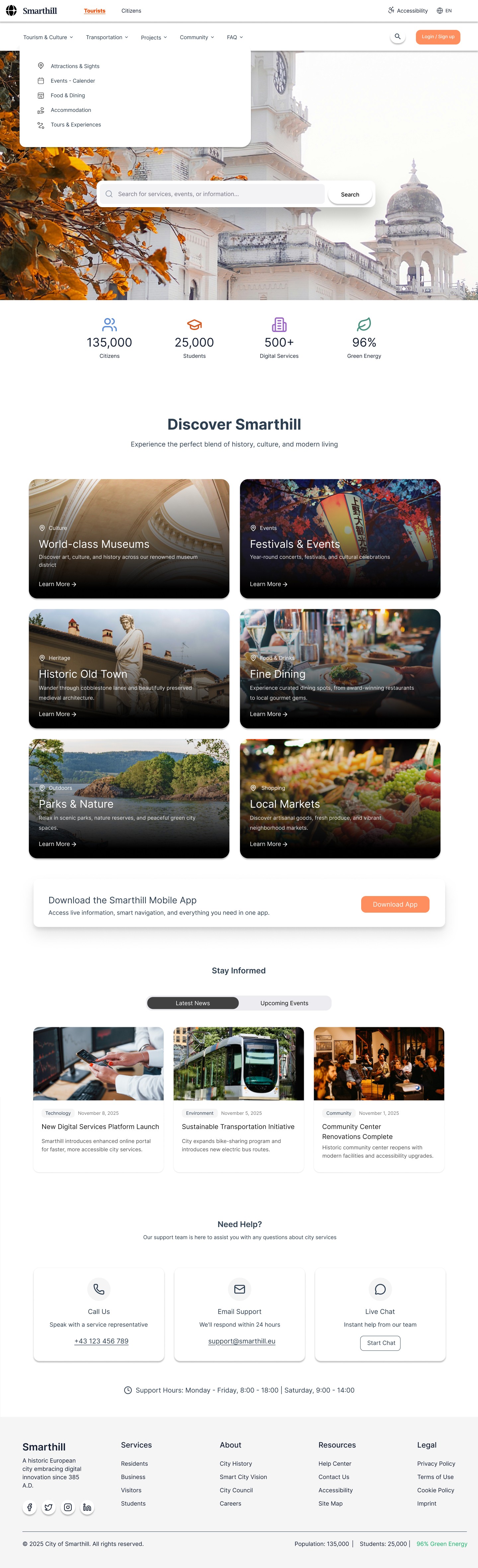 Smarthill homepage in tourist view showing navigation menu open with categories including attractions, events, food and accommodation