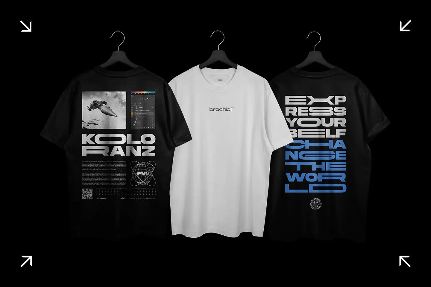 Graphic t-shirts on hangers featuring Brachial ultra wide font in various streetwear design layouts