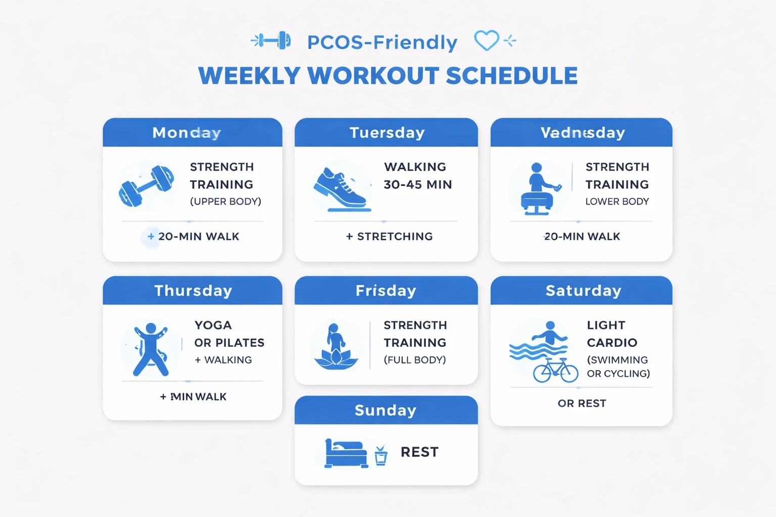 Modern infographic showing a weekly PCOS-friendly workout routine with each day displayed as a card on a light gray #efefef background. Cards use the accent color #3b82f6 for day headings and icons, featuring strength training, walking, yoga, Pilates, swimming, cycling, and rest symbols in a clean minimal design.