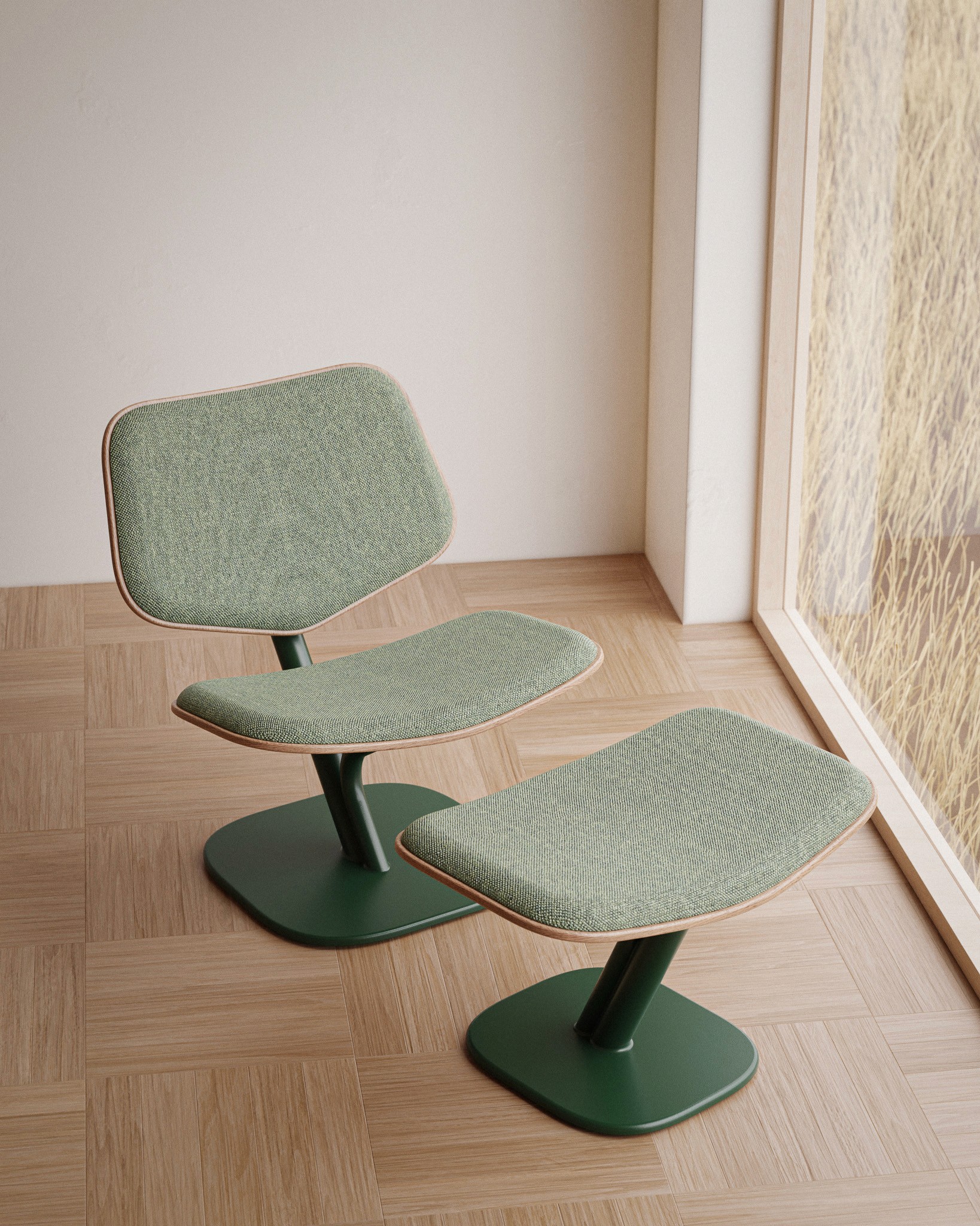 Till Lounge Chair and ottoman in sage green fabric with forest green metal base, styled in a warm interior with herringbone oak floor
