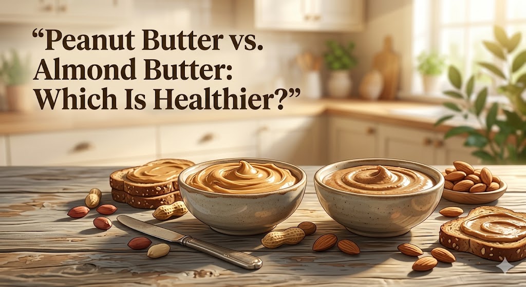 A visual comparison for a blog post titled "Peanut Butter vs. Almond Butter: Which Is Healthier?", featuring bowls of creamy peanut butter and almond butter on a rustic wooden table with whole nuts and toast slices.