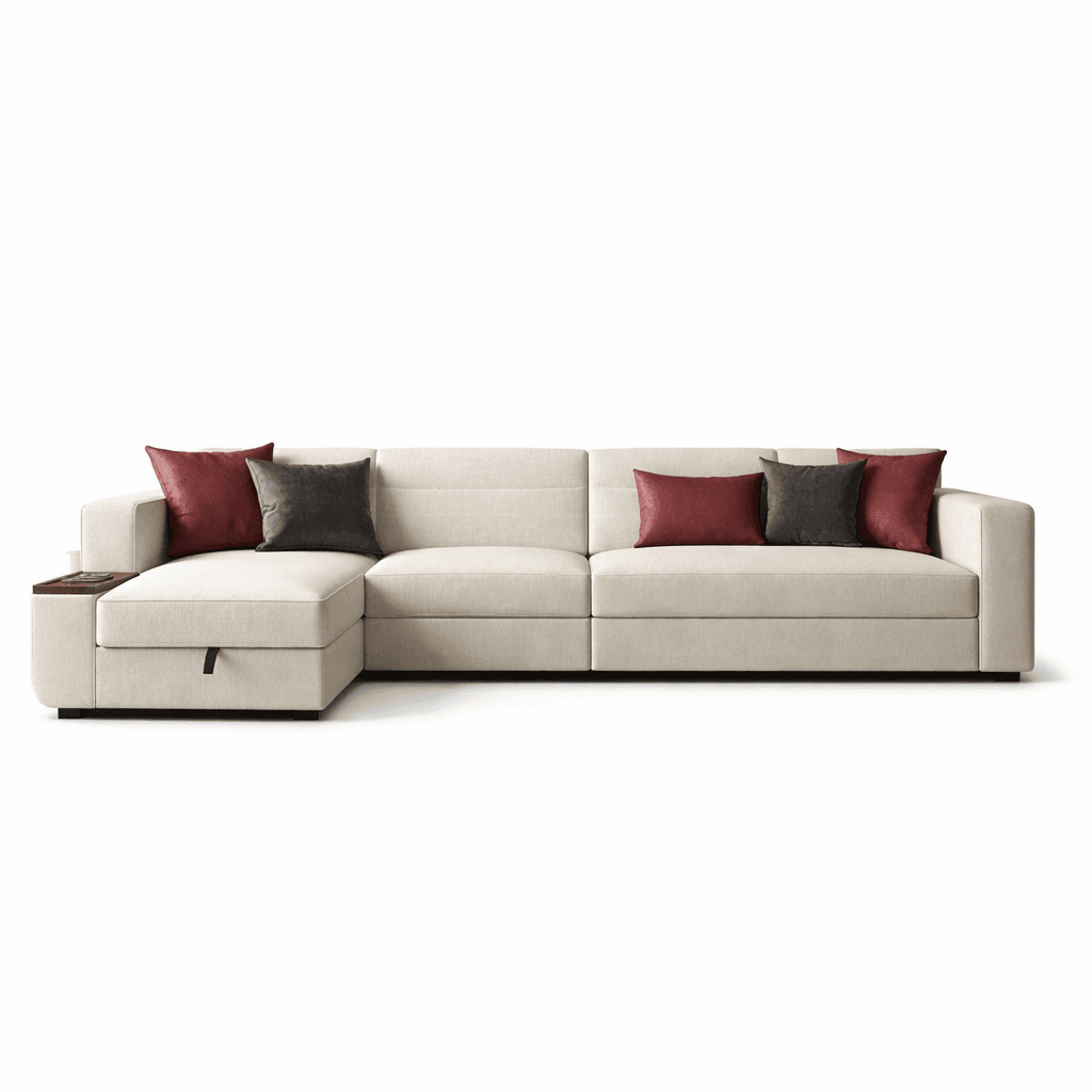 Neutral upholstered sofa with classic proportions and bold accent cushions