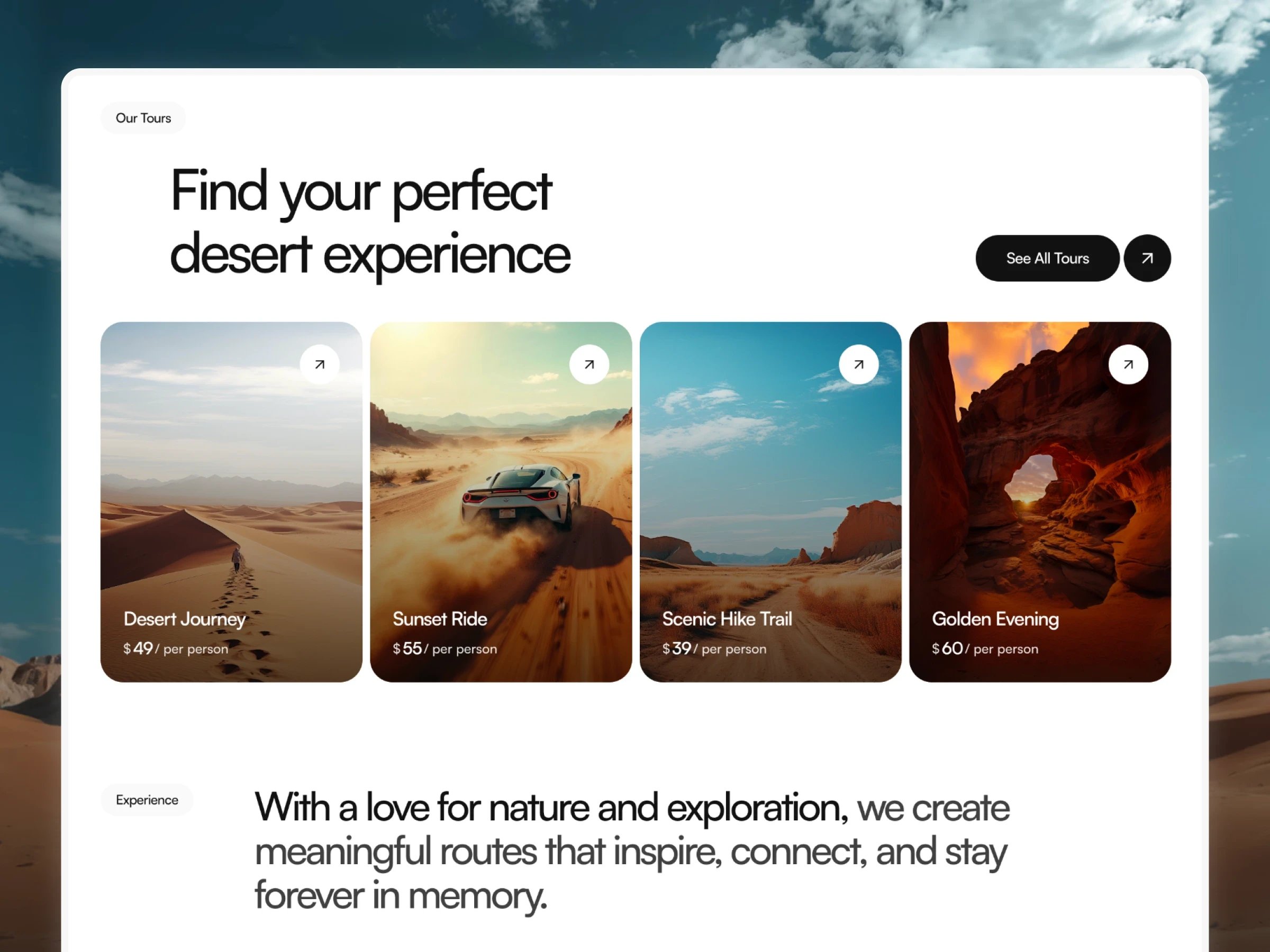 Tours grid section showcasing desert experiences in Marwa travel template